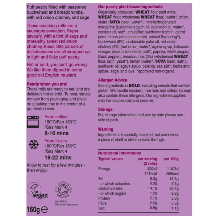 Clive's - Organic Vegan Sausagey Rolls, 160g  Pack of 4 - Back