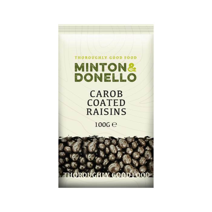 Minton & Donello - Carob Coated Raisins Snacks, 100g - Pack of 6