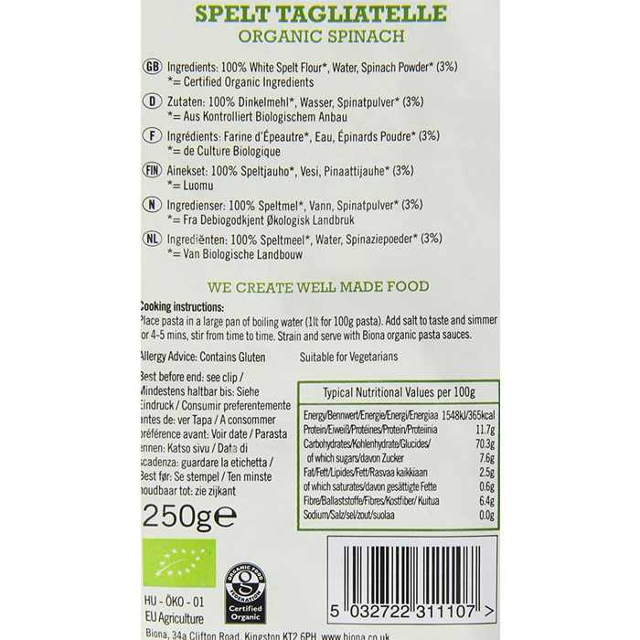Biona - Organic Spelt Spinach Tagliatelle, 250g - back