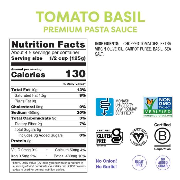 Fody - Low FODMAP Tomato Basil Pasta Sauce, 550g - back