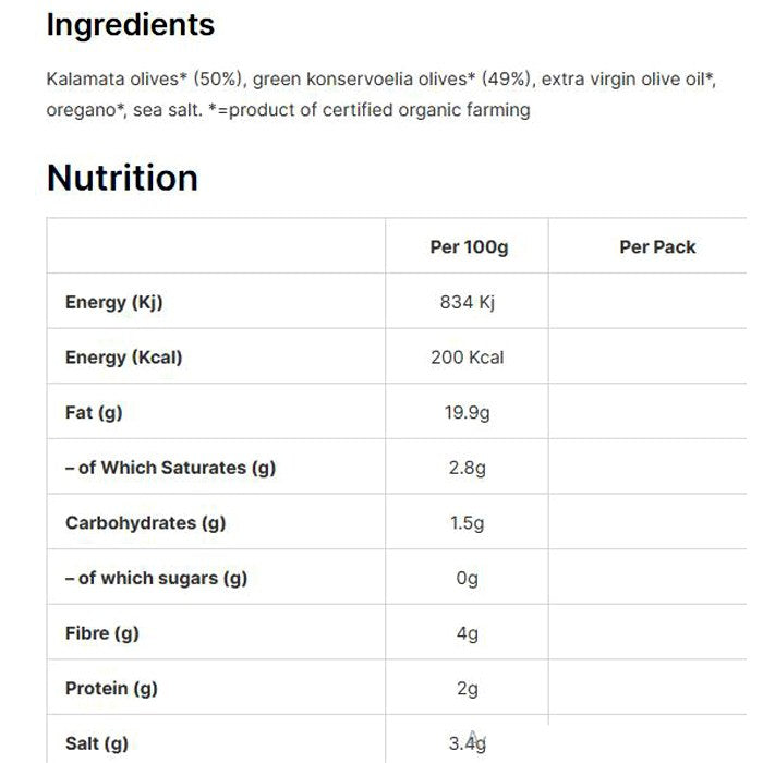 Mani - Organic Kalamata & Green Olives al Naturale Pitted, 175g - back