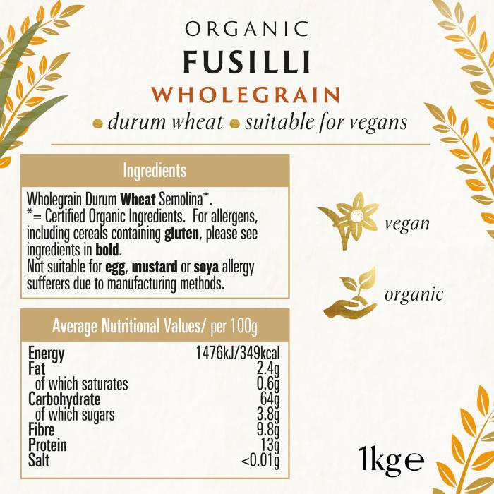 Biona - Organic Wholewheat Fusilli,1kg - Back