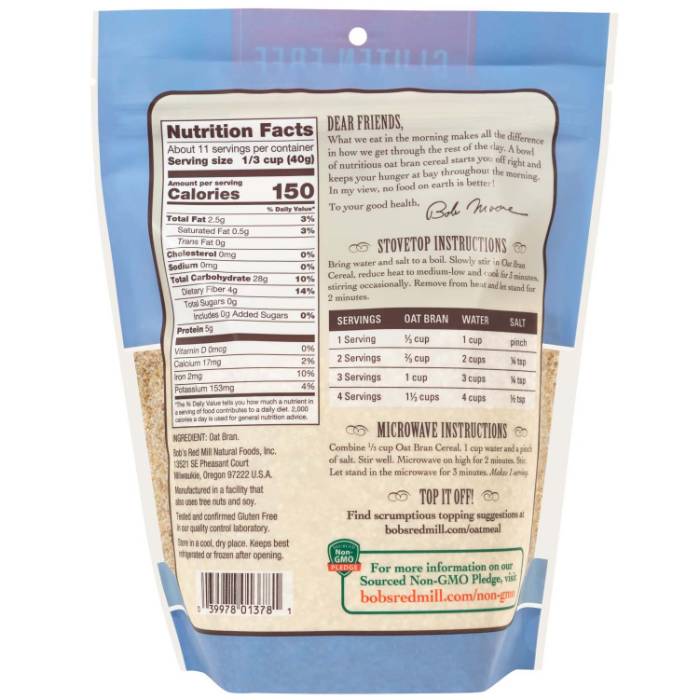 Bob's Red Mill - Gluten Free Oat Bran, 454g - Back