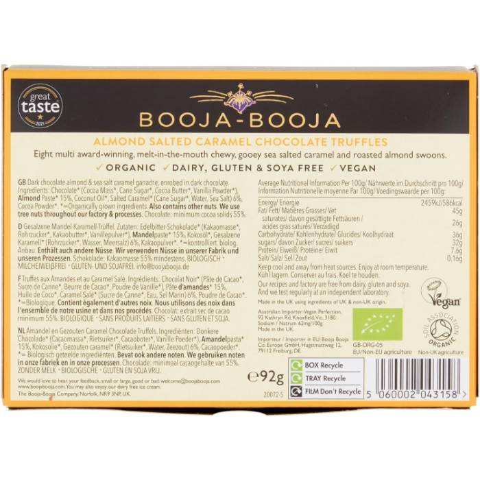 Booja-Booja - Organic Almond Salted Caramel Chocolate Truffle Pack of 8, 92g - Back