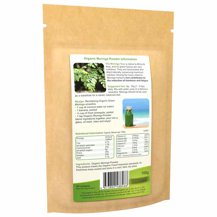 Golden Green - Organic Moringa Powder, 100g - back