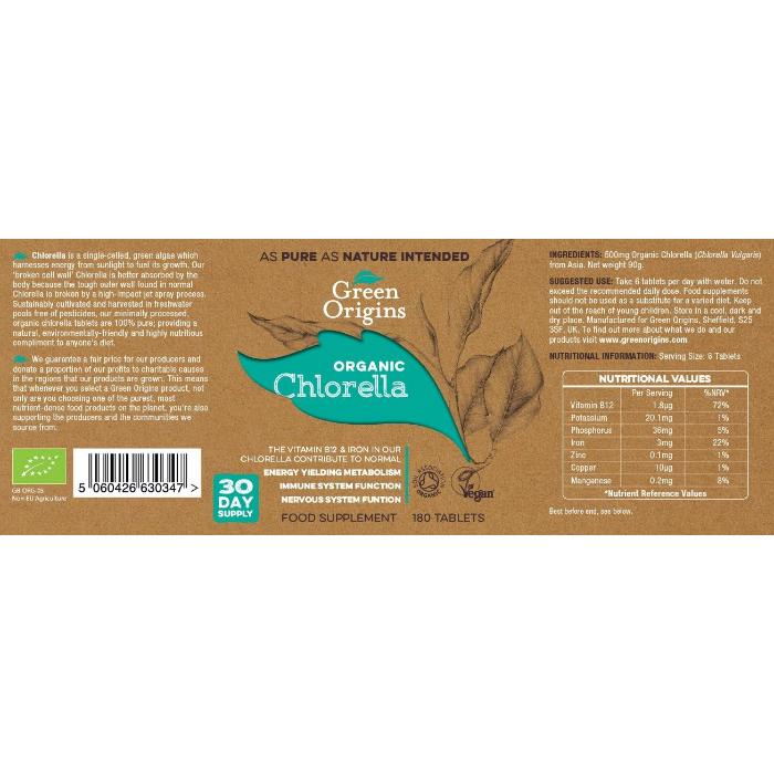 Green Origins - Organic Chlorella 500mg, 180 Pack - back