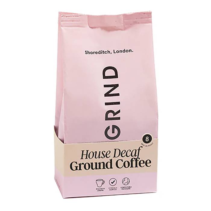 Grind Coffee Roasters - Ground Bean Decaf Shelf Ready Grind House Blend Refill Pouch, 200g - Pack of 6