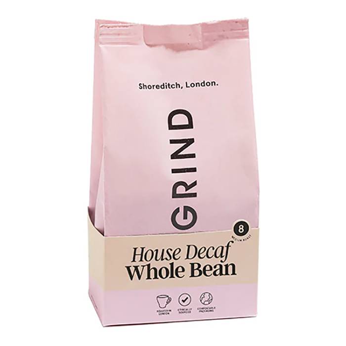 Grind Coffee Roasters - Whole Bean Decaf Shelf Ready Grind House Blend Refill Pouch, 200g - Pack of 6