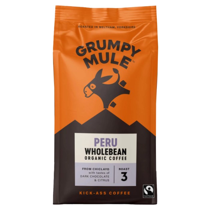 Grumpy Mule - Organic Peru Whole Bean, 200g  Pack of 6