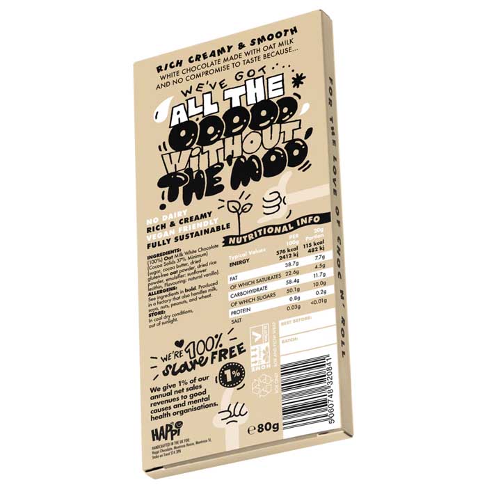 HAPPi - Oat M!lk Plain White Chocolate Bar, 80g - Pack of 12 - Back