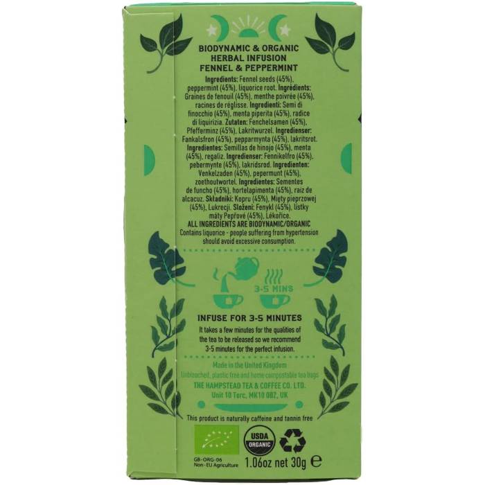 Hampstead Tea - Organic Fennel & Peppermint Tea Bags, 20 Bags  Pack of 4 - Back