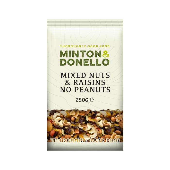 Minton & Donello - Mixed Nuts & Raisins No Peanuts, 250g  Pack of 6