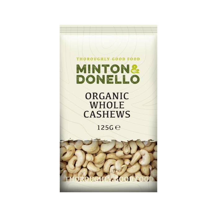 Minton & Donello - Organic Whole Cashews , 125g Pack of 6