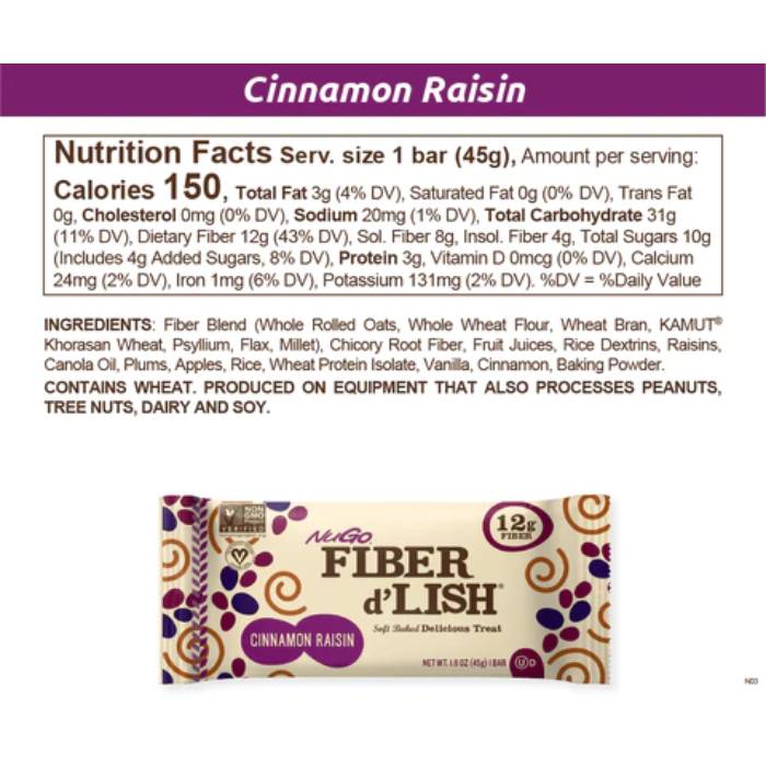 NuGo - Fiber d’Lish Cinnamon Raisin, 45g  Pack of 16 - Back