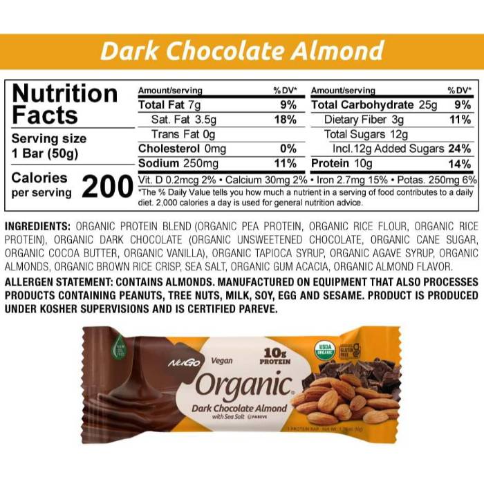 NuGo - Organic Dark Chocolate Bar Almond, 50g  Pack of 12 - Back