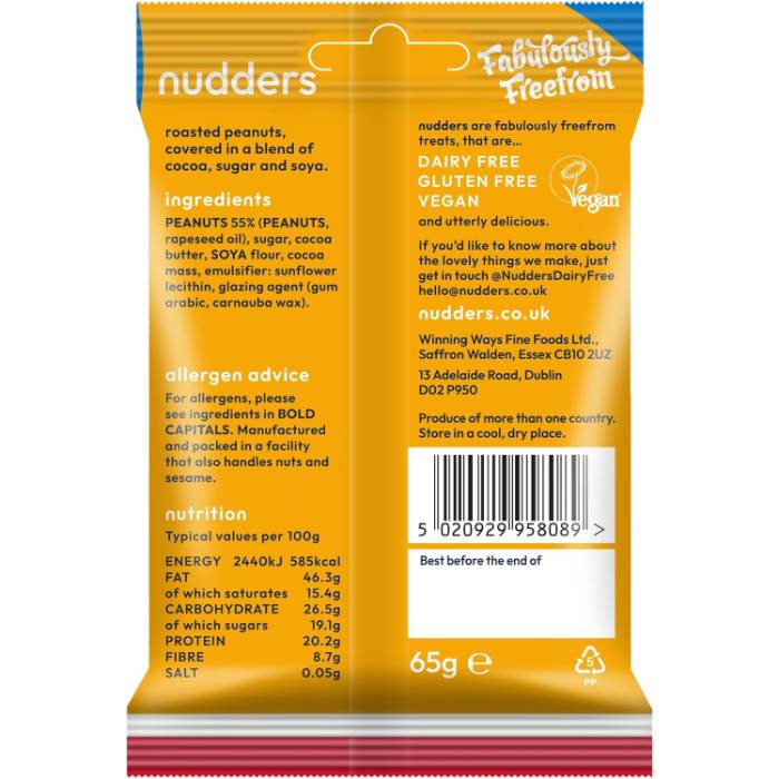 Nudders Fabulous Free From Factory - Chocovered Roasty Peanuts, 65g  Pack of 12 - Back