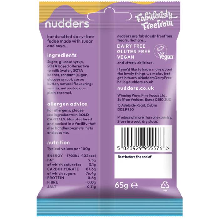 Nudders Fabulous Free From Factory - Dairy Free Vanilla Fudge, 65g  Pack of 12 - Back