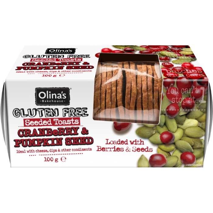 Olina's Bakehouse - Gluten Free - Cranberry and Pumpkin Seed  Seeded Toasts, 100g  Pack of 12