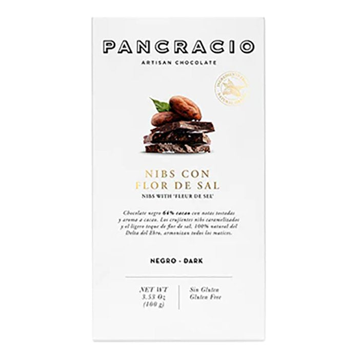 Pancracio Chocolate - Dark Chocolate Bar With Cocoa Nibs and Fleur de Sel, 100g -  Pack of 20
