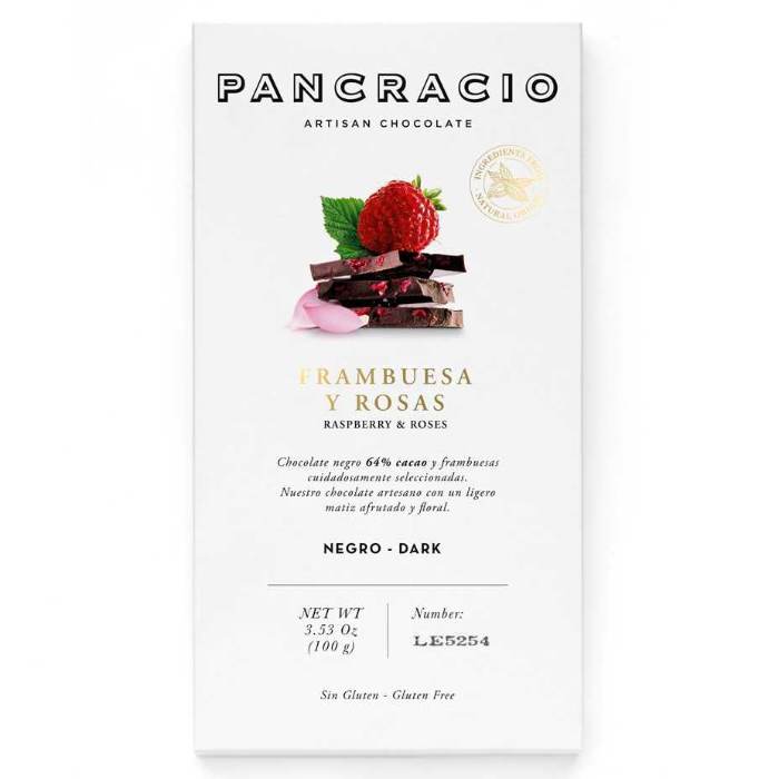 Pancracio Chocolate - Dark Chocolate Bar With Raspberry and Roses, 100g - Pack of 20