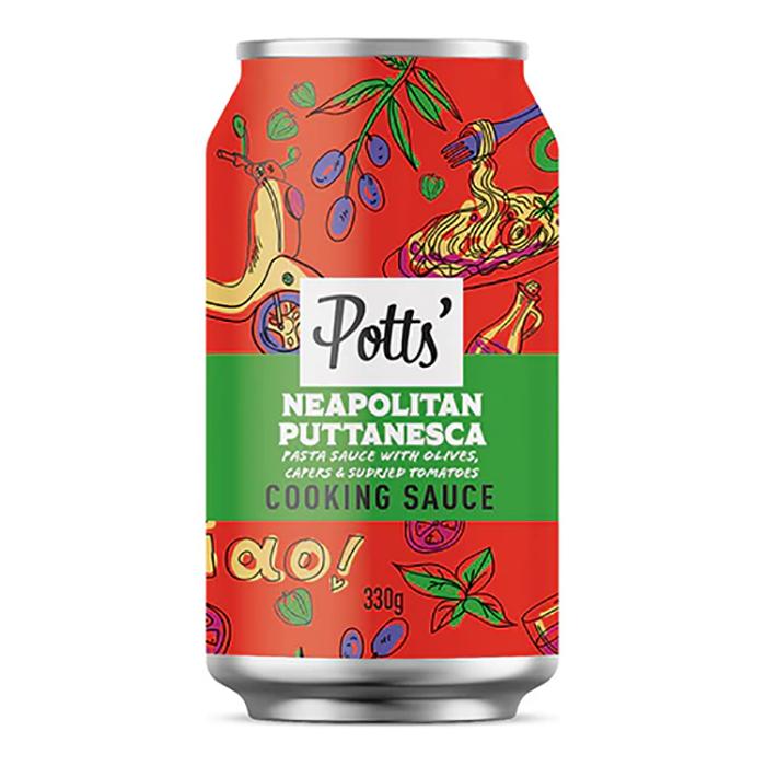 Potts - Neapolitan Puttanesca Pasta Sauce with Olives, Capers & Sundried Tomatoes 100% Recyclable Can, 330g - Pack of 8