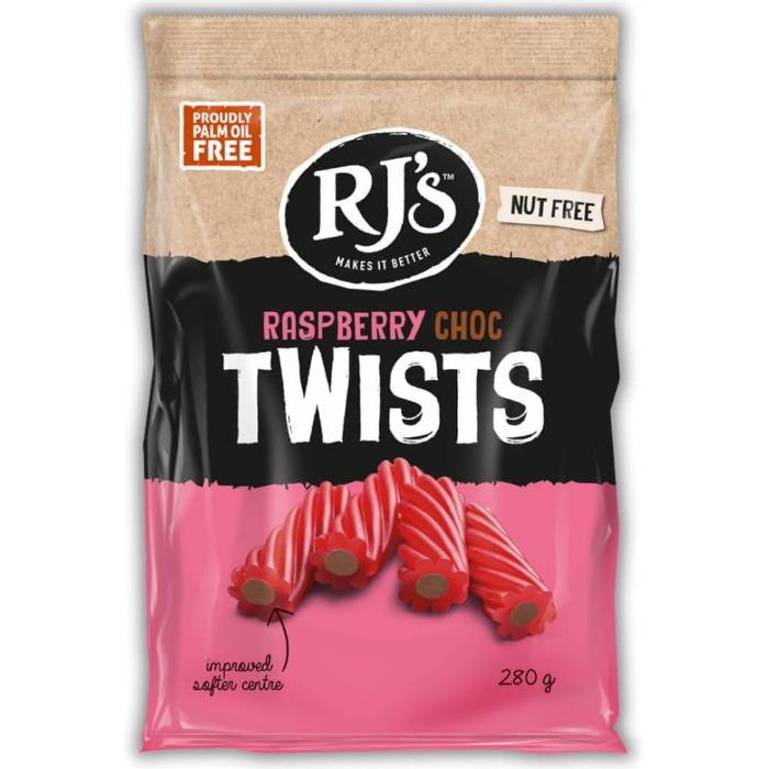 RJ's Licorice - Raspberry Chocolate Twists, 280g  Pack of 12