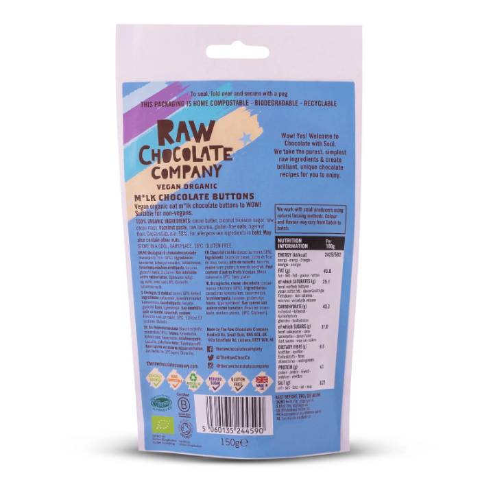 Raw Chocolate Co - Mlk Chocolate Buttons, 150g - Back