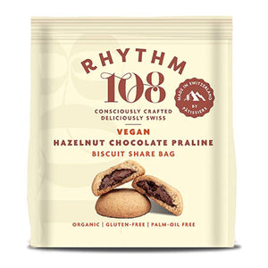 Rhythm 108 - Swiss Vegan Hazelnut Chocolate Praline Biscuit Share Bag ,135g - Pack of 8