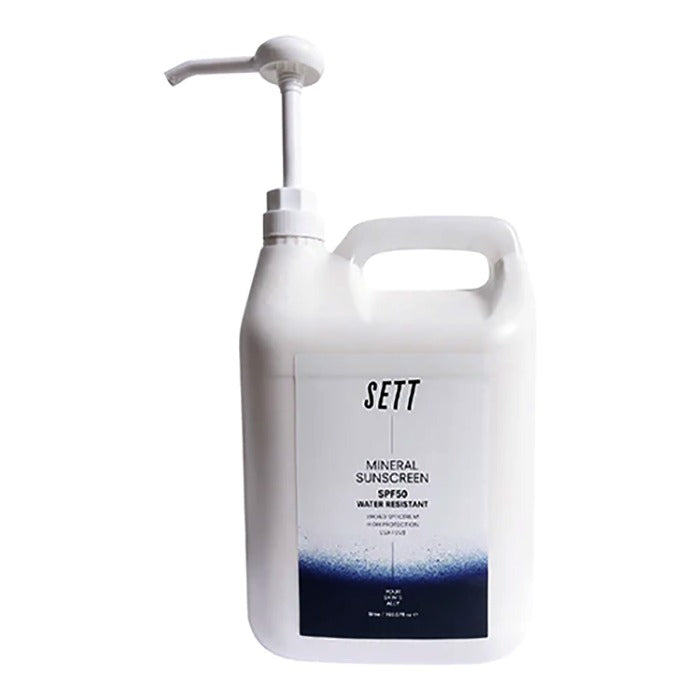 SETT - SPF50 Mineral Sunscreen Water Resistant, 5L Pump Container with 45x 100ml aluminium bottles