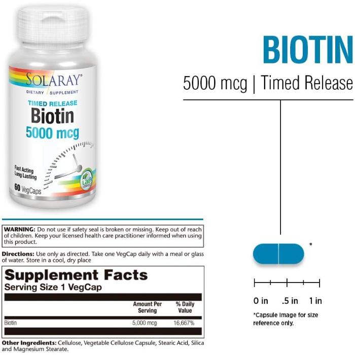 Solaray - Biotin - Timed Release 5000mg, 60 Veg Capules - back