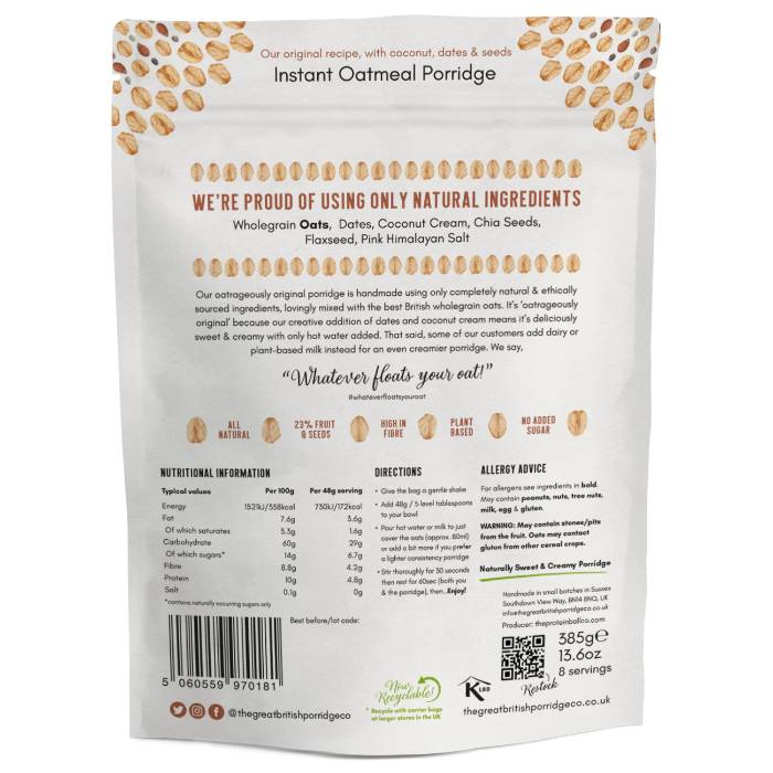 The Great British Porridge Co -  Outrageously Original Porridge, 385g - Back