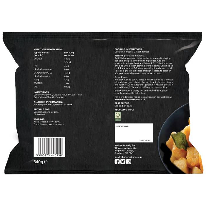 Wholecreations - Gluten-Free Cauliflower Gnocchi, 340g - Back