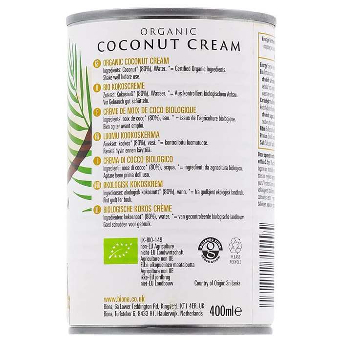 Biona - Organic Coconut Cream, 400ml - back