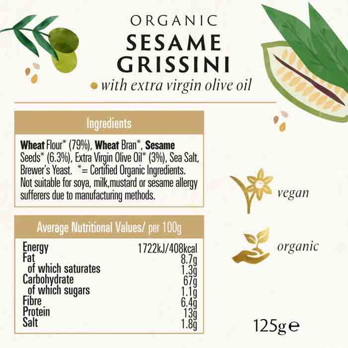 Biona - Organic Grissini with Extra Virgin Olive Oil - Sesame, 125g - back