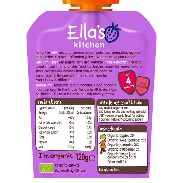 Ella's Kitchen - Organic Sweet Potato Pumpkin Apple & Blueberry, 120g  Pack of 7 - back