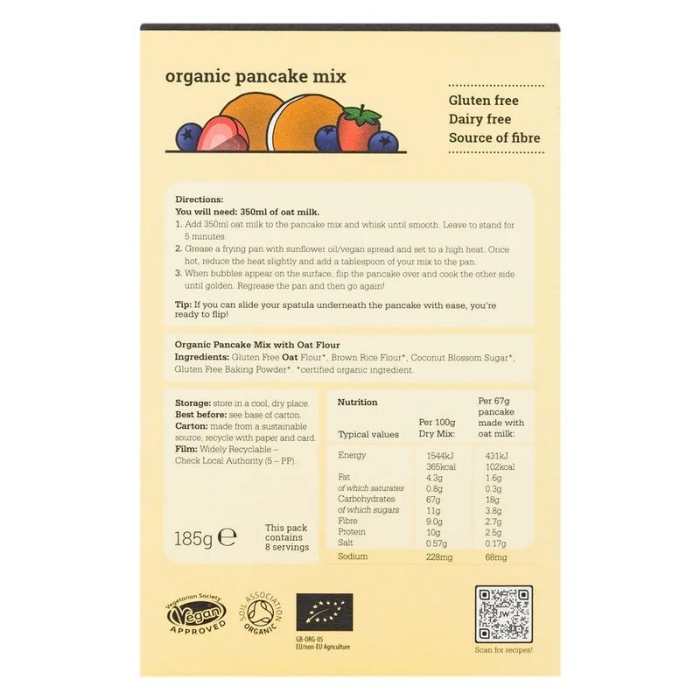 Just Wholefoods - Organic & Vegan Pancake Mix, 185g - back