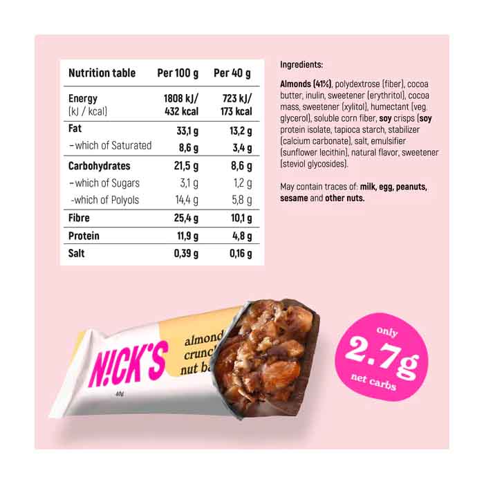 Nicks - Nut Bar Nut Crunch - Almond, 40g  Pack of 12 - back