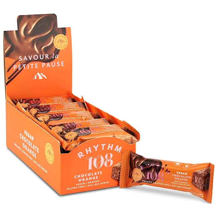 Rhythm 108 - Chocolate Orange Organic Swiss Dark Chocolate Bar, 33g  Pack of 15